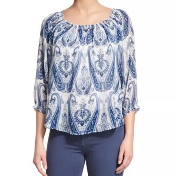 JOIE navy blue & white paisley silk semi sheer flowy blouse size small - Picture 1 of 6